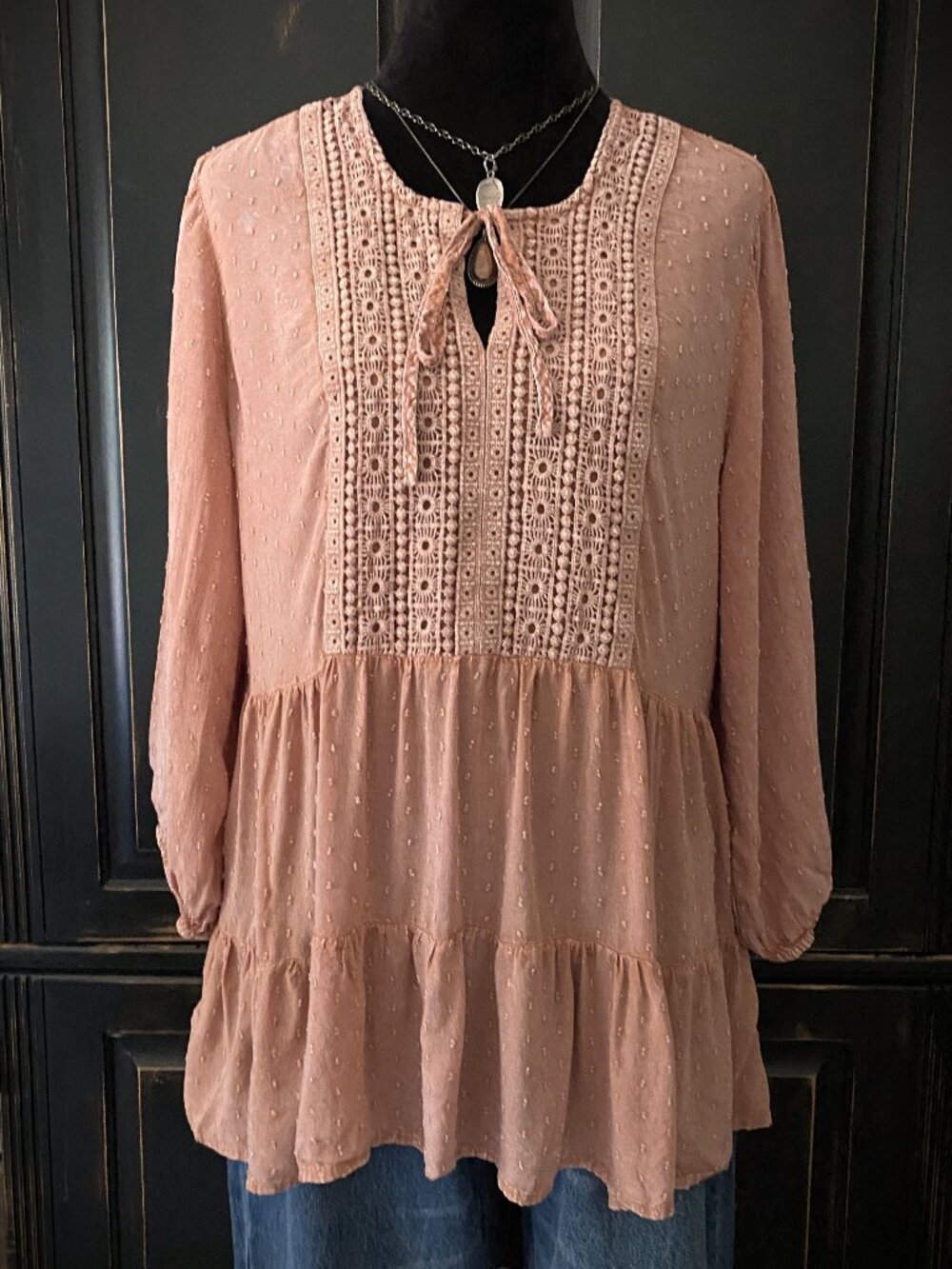 CATO - Boho Swiss Dot Tiered Peasant Blouse - Dusty Rose - Women's Size Large